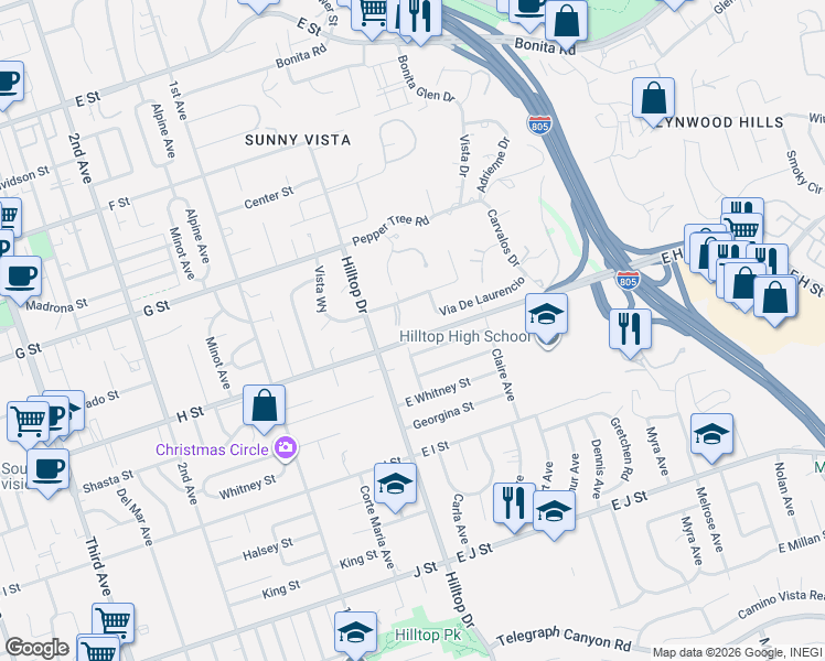 map of restaurants, bars, coffee shops, grocery stores, and more near 58 Via De Laurencio in Chula Vista