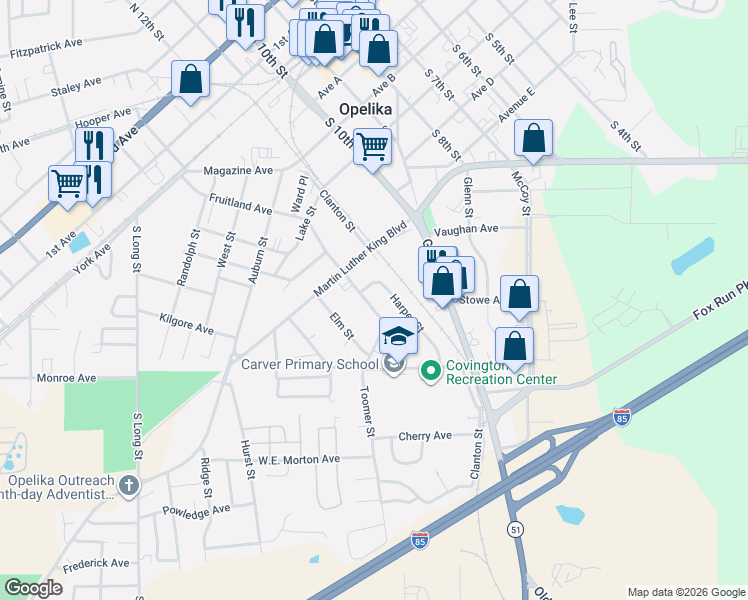 map of restaurants, bars, coffee shops, grocery stores, and more near 1310-1498 Magnolia St in Opelika