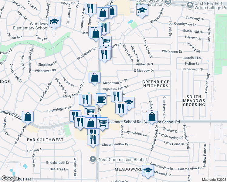map of restaurants, bars, coffee shops, grocery stores, and more near 3329 Highlawn Terrace in Fort Worth