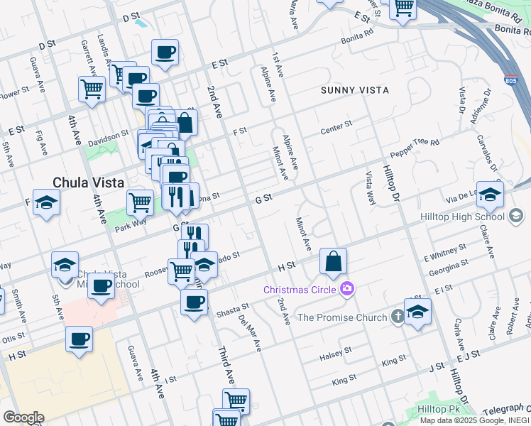 map of restaurants, bars, coffee shops, grocery stores, and more near 183 Vance Street in Chula Vista
