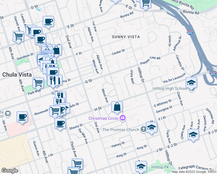 map of restaurants, bars, coffee shops, grocery stores, and more near 120 Roosevelt Street in Chula Vista