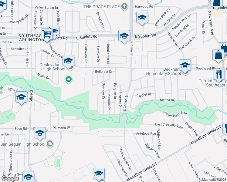 map of restaurants, bars, coffee shops, grocery stores, and more near 6604 Fairglen Dr in Arlington