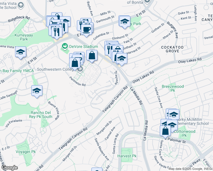map of restaurants, bars, coffee shops, grocery stores, and more near 1537 Apache Drive in Chula Vista