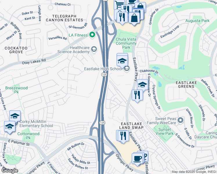map of restaurants, bars, coffee shops, grocery stores, and more near 1101 Latigo Cove in Chula Vista