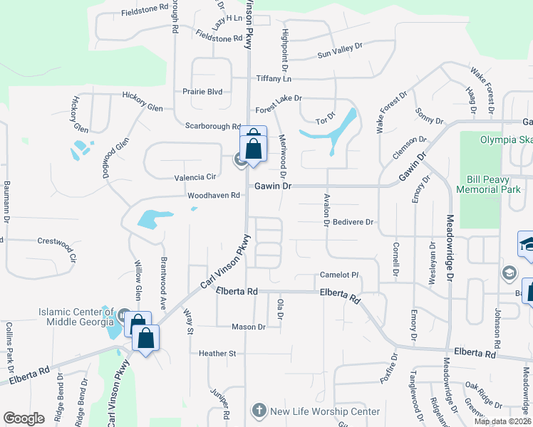 map of restaurants, bars, coffee shops, grocery stores, and more near 220 Golden Eagle Trail in Warner Robins