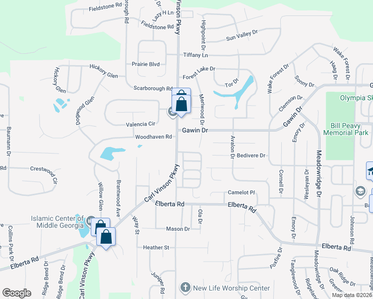 map of restaurants, bars, coffee shops, grocery stores, and more near 220 Golden Eagle Trail in Warner Robins