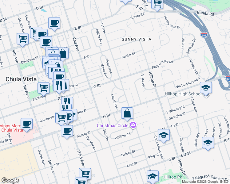map of restaurants, bars, coffee shops, grocery stores, and more near 127 Roosevelt Street in Chula Vista