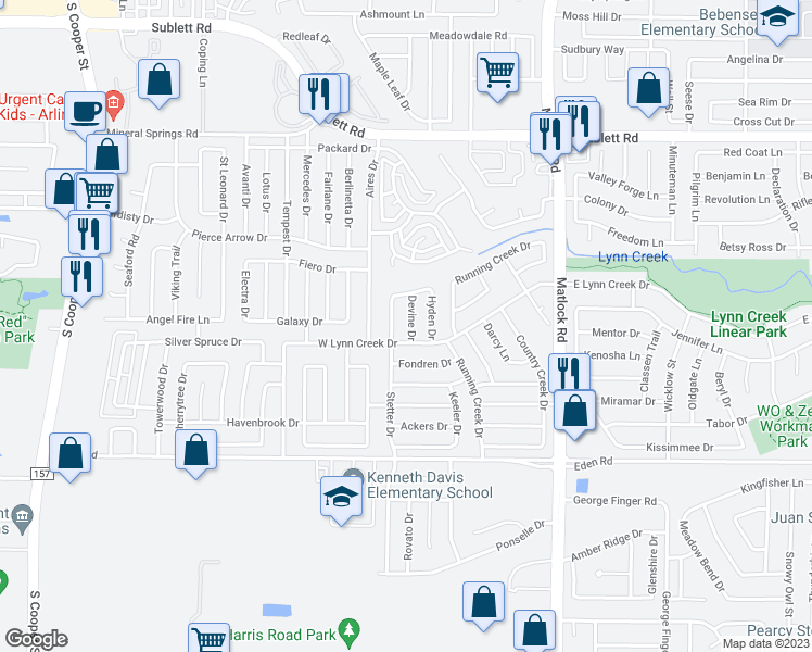 map of restaurants, bars, coffee shops, grocery stores, and more near 6514 Devine Drive in Arlington