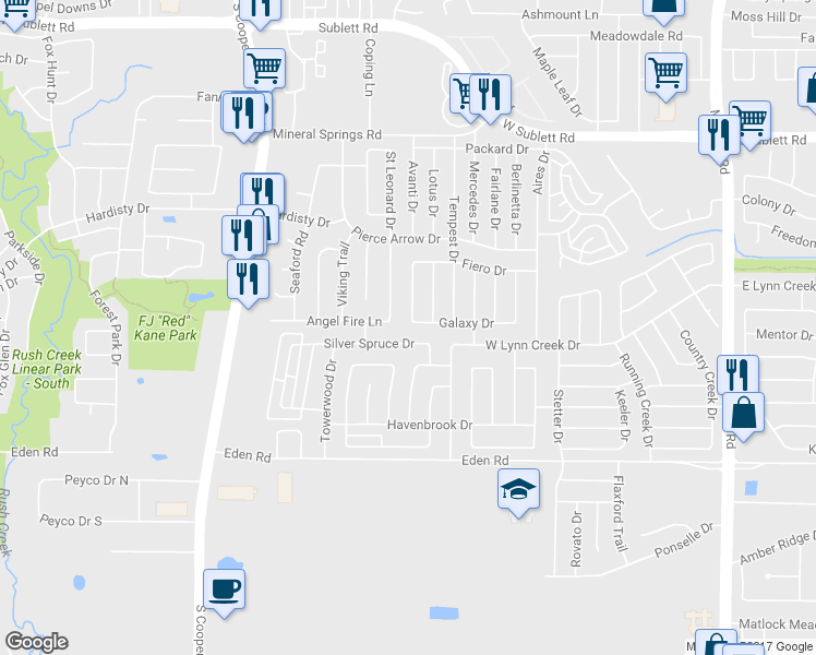 map of restaurants, bars, coffee shops, grocery stores, and more near 1016 Galaxy Drive in Arlington