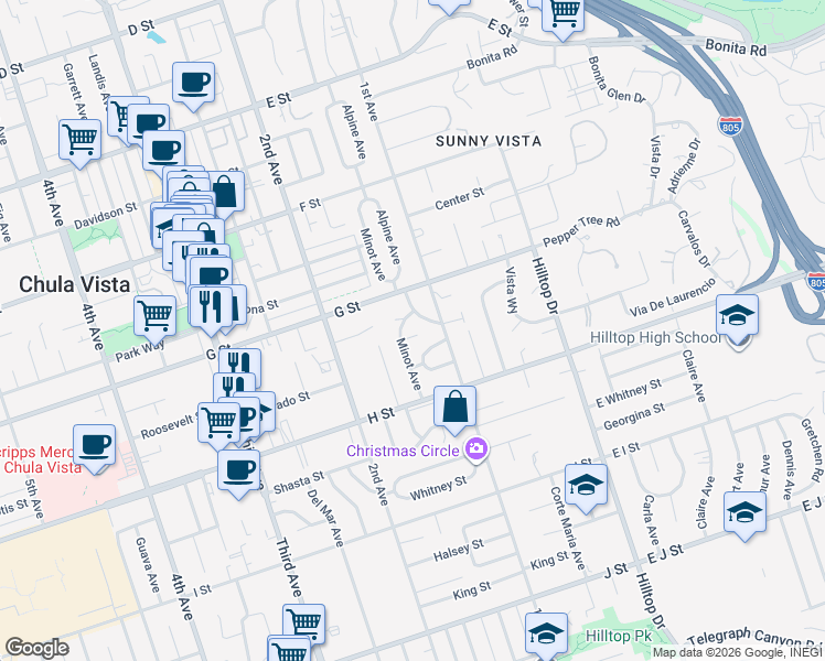 map of restaurants, bars, coffee shops, grocery stores, and more near 127 Roosevelt Street in Chula Vista