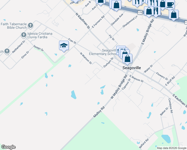 map of restaurants, bars, coffee shops, grocery stores, and more near 602 Durham Street in Seagoville
