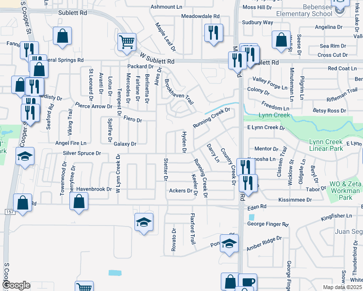 map of restaurants, bars, coffee shops, grocery stores, and more near 6518 Hyden Drive in Arlington