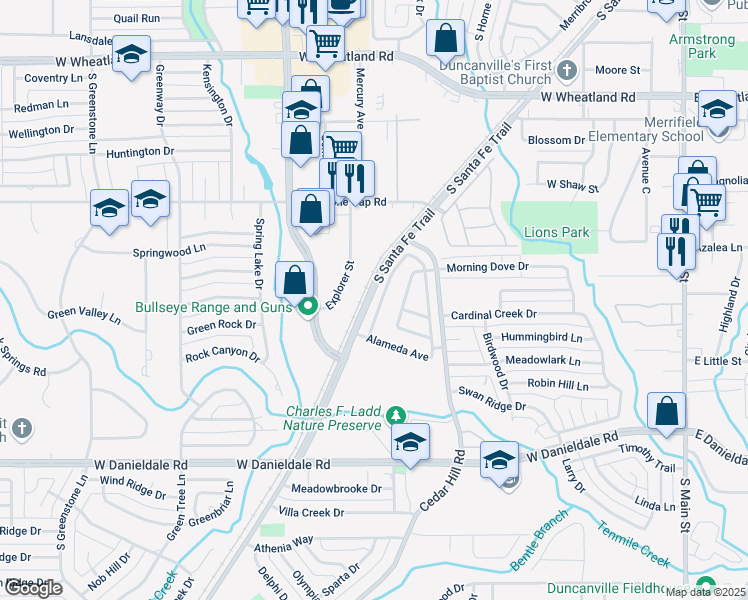 map of restaurants, bars, coffee shops, grocery stores, and more near 1303 Mission Street in Duncanville