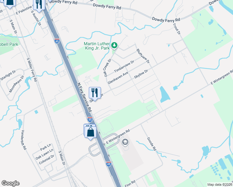 map of restaurants, bars, coffee shops, grocery stores, and more near 1000 Skyline Drive in Hutchins