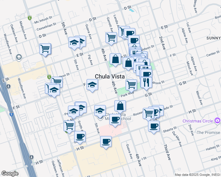 map of restaurants, bars, coffee shops, grocery stores, and more near 342 4th Avenue in Chula Vista