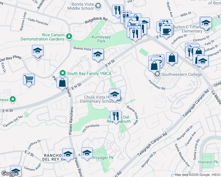 map of restaurants, bars, coffee shops, grocery stores, and more near 1355 Valencia Loop in Chula Vista