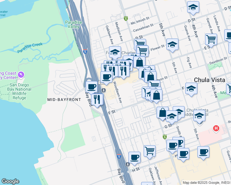 map of restaurants, bars, coffee shops, grocery stores, and more near 240 Woodlawn Avenue in Chula Vista