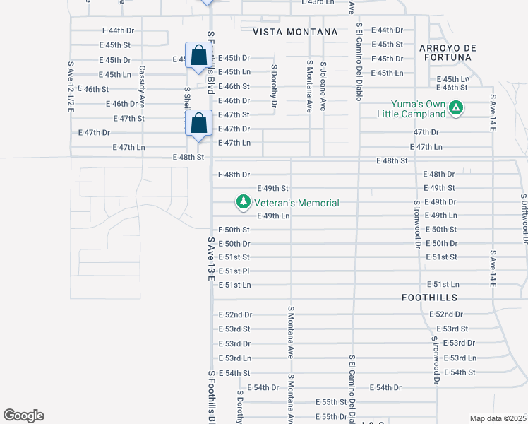 map of restaurants, bars, coffee shops, grocery stores, and more near 13250 East 49th Lane in Yuma