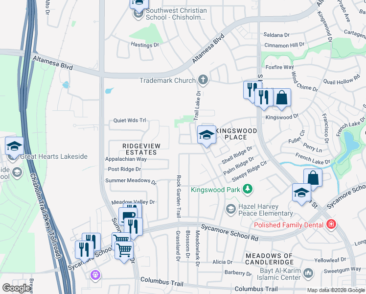 map of restaurants, bars, coffee shops, grocery stores, and more near 5035 Mountain Spring Trail in Fort Worth