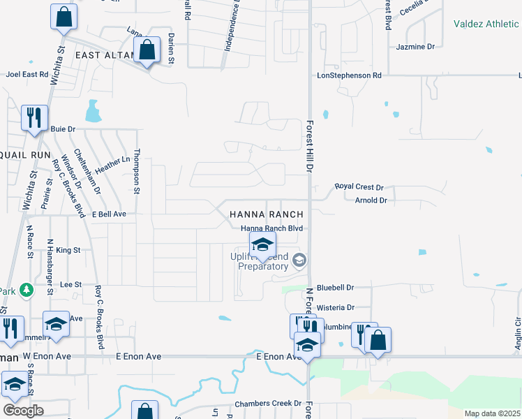 map of restaurants, bars, coffee shops, grocery stores, and more near 3153 Evangeline Road in Fort Worth