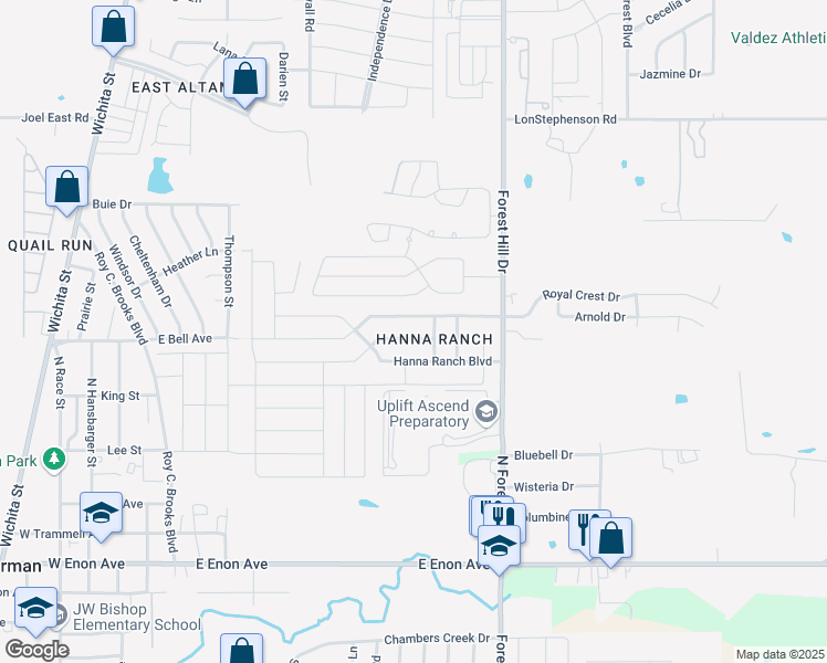 map of restaurants, bars, coffee shops, grocery stores, and more near 3141 Evangeline Road in Fort Worth