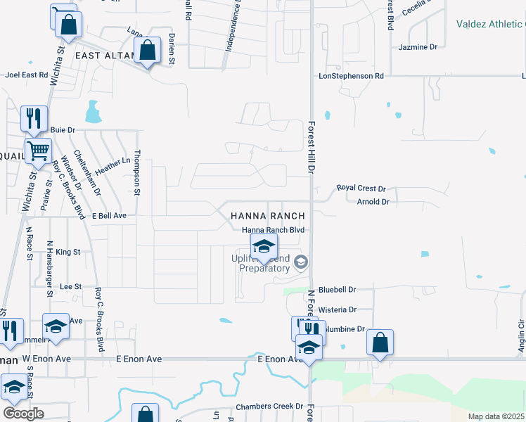 map of restaurants, bars, coffee shops, grocery stores, and more near 3141 Evangeline Road in Fort Worth