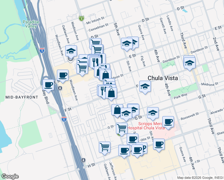map of restaurants, bars, coffee shops, grocery stores, and more near 286 Ash Avenue in Chula Vista