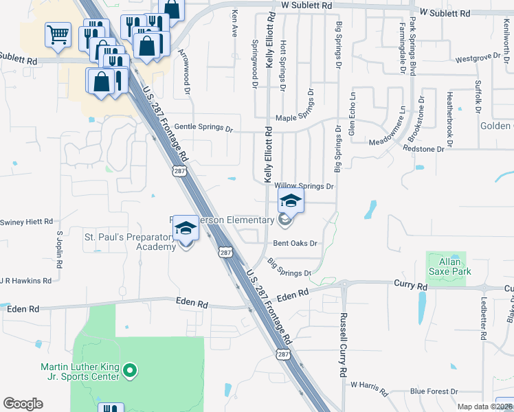 map of restaurants, bars, coffee shops, grocery stores, and more near 4300 Cypress Springs Court in Arlington
