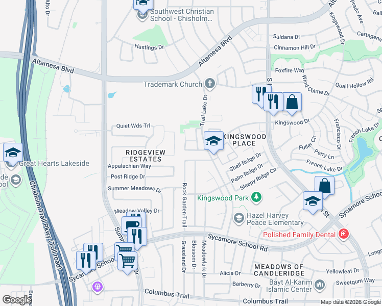 map of restaurants, bars, coffee shops, grocery stores, and more near 5035 Mountain Spring Trail in Fort Worth