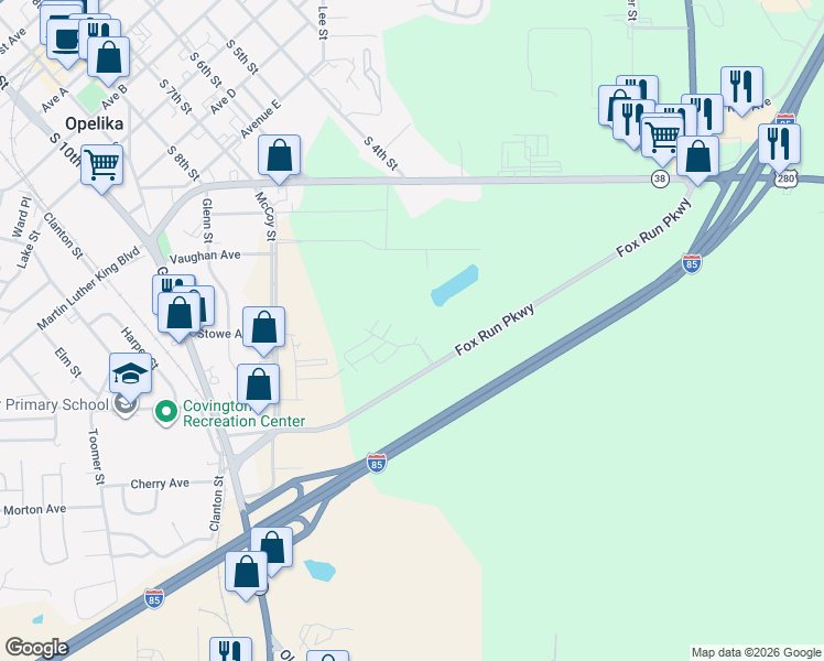 map of restaurants, bars, coffee shops, grocery stores, and more near 1650 South Fox Run Parkway in Opelika