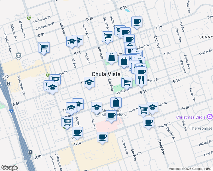 map of restaurants, bars, coffee shops, grocery stores, and more near 342 4th Avenue in Chula Vista