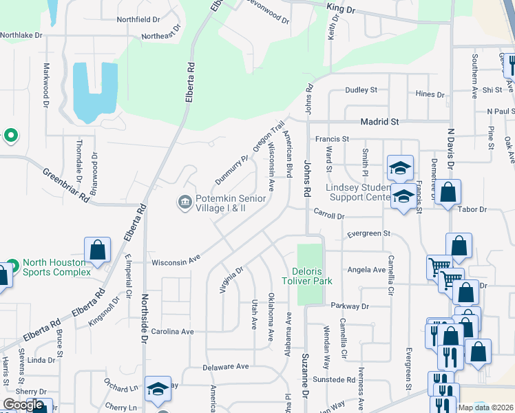 map of restaurants, bars, coffee shops, grocery stores, and more near 319 Wisconsin Avenue in Warner Robins