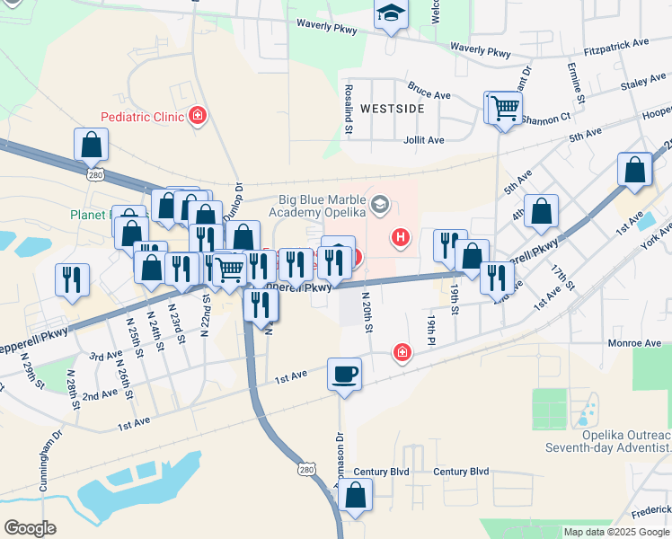 map of restaurants, bars, coffee shops, grocery stores, and more near 2000 Pepperell Parkway in Opelika