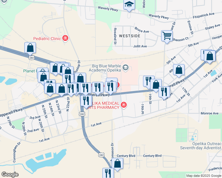 map of restaurants, bars, coffee shops, grocery stores, and more near 2000 Pepperell Parkway in Opelika