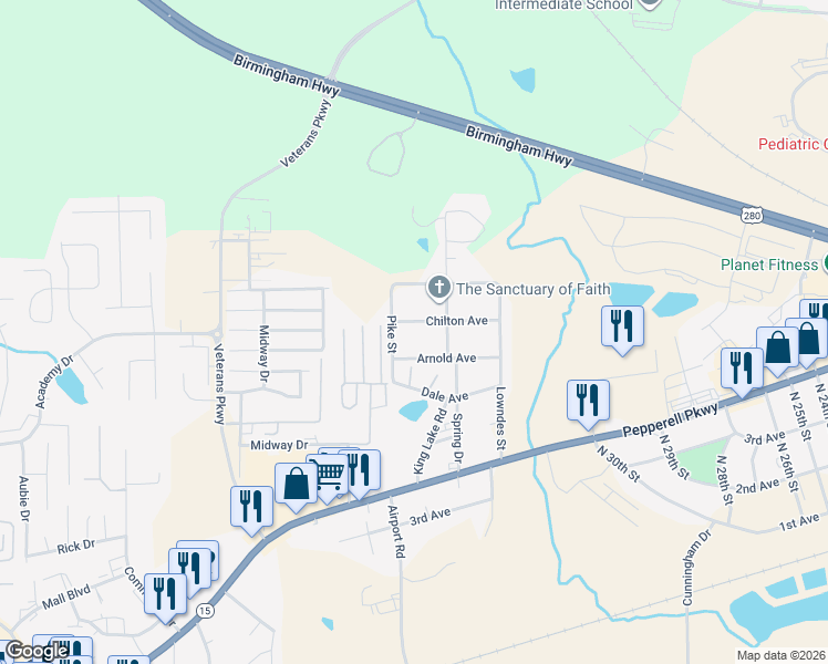map of restaurants, bars, coffee shops, grocery stores, and more near 3401-3499 Chilton Ave in Opelika