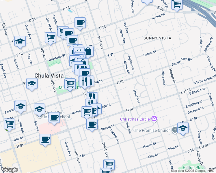 map of restaurants, bars, coffee shops, grocery stores, and more near 222 G Street in Chula Vista