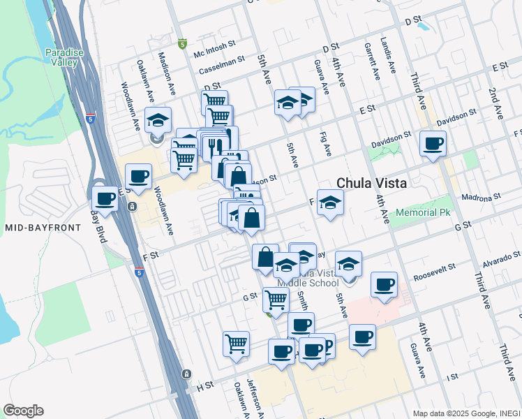 map of restaurants, bars, coffee shops, grocery stores, and more near 286 Ash Avenue in Chula Vista