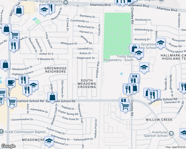 map of restaurants, bars, coffee shops, grocery stores, and more near 7205 Avington Way in Fort Worth