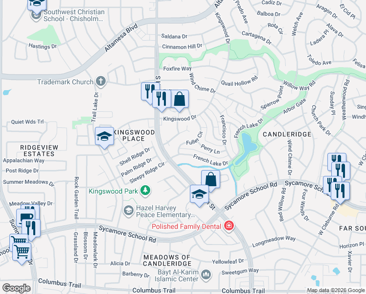 map of restaurants, bars, coffee shops, grocery stores, and more near 4516 French Lake Drive in Fort Worth
