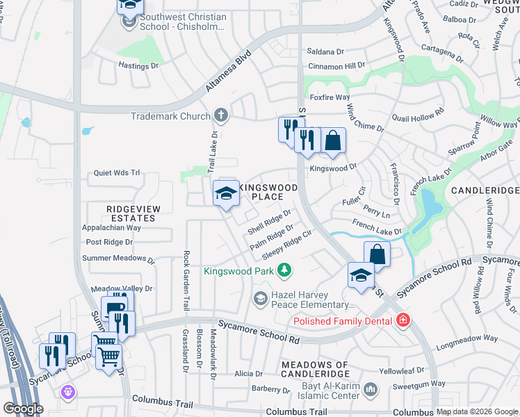 map of restaurants, bars, coffee shops, grocery stores, and more near 7304 Moon Ridge Court in Fort Worth