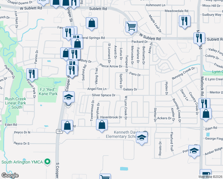 map of restaurants, bars, coffee shops, grocery stores, and more near 1016 Galaxy Drive in Arlington