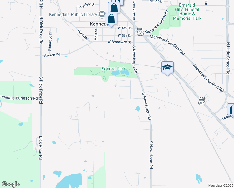 map of restaurants, bars, coffee shops, grocery stores, and more near 350 South New Hope Road in Kennedale