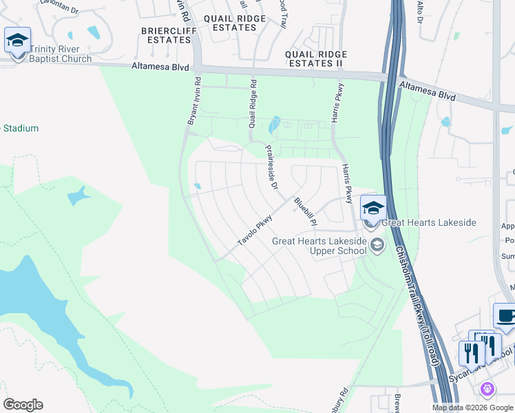 map of restaurants, bars, coffee shops, grocery stores, and more near 7529 Pondview Lane in Fort Worth