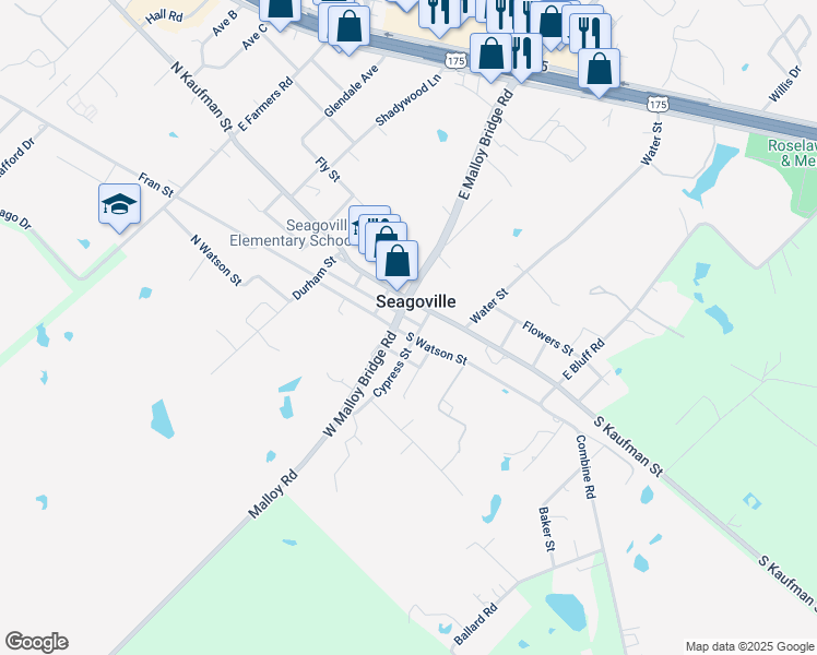 map of restaurants, bars, coffee shops, grocery stores, and more near 150 South Watson Street in Seagoville