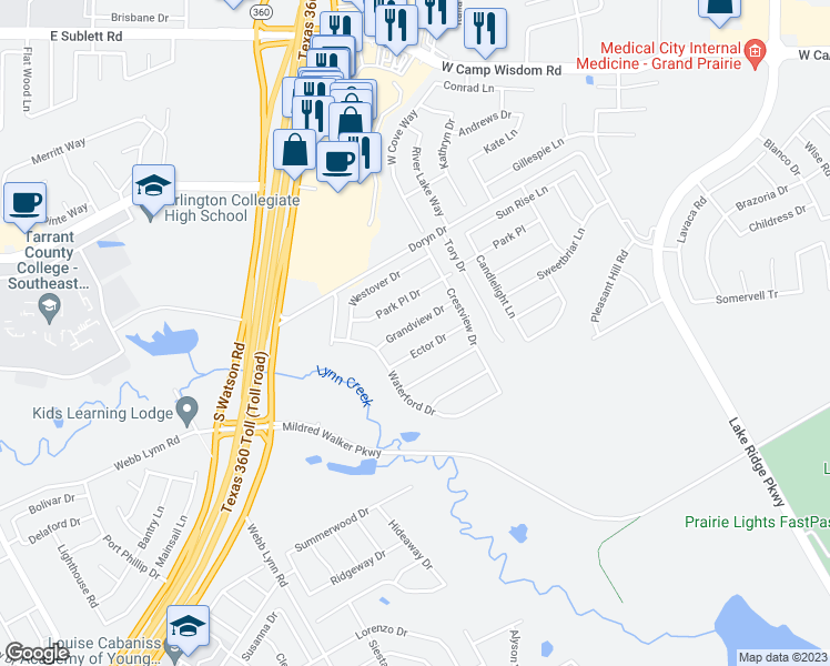 map of restaurants, bars, coffee shops, grocery stores, and more near 2847 Grandview Drive in Grand Prairie