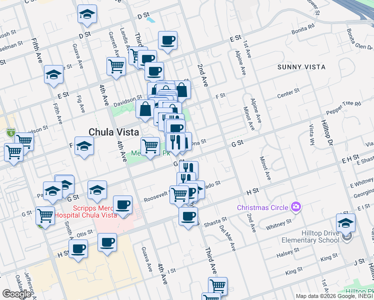 map of restaurants, bars, coffee shops, grocery stores, and more near 287 G Street in Chula Vista