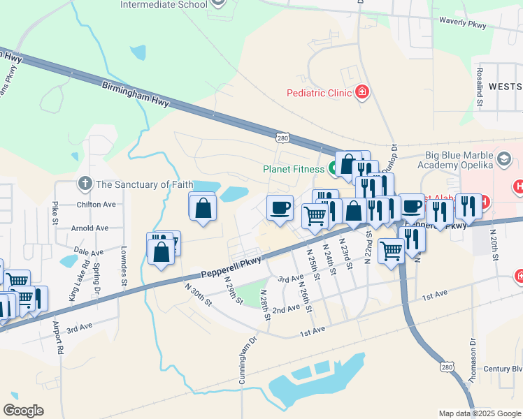map of restaurants, bars, coffee shops, grocery stores, and more near 501 North 26th Street in Opelika