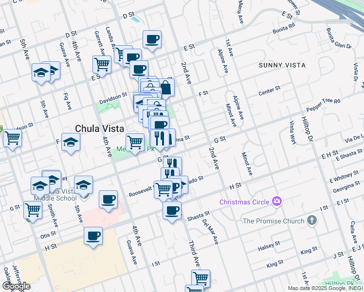 map of restaurants, bars, coffee shops, grocery stores, and more near 390 Del Mar Avenue in Chula Vista