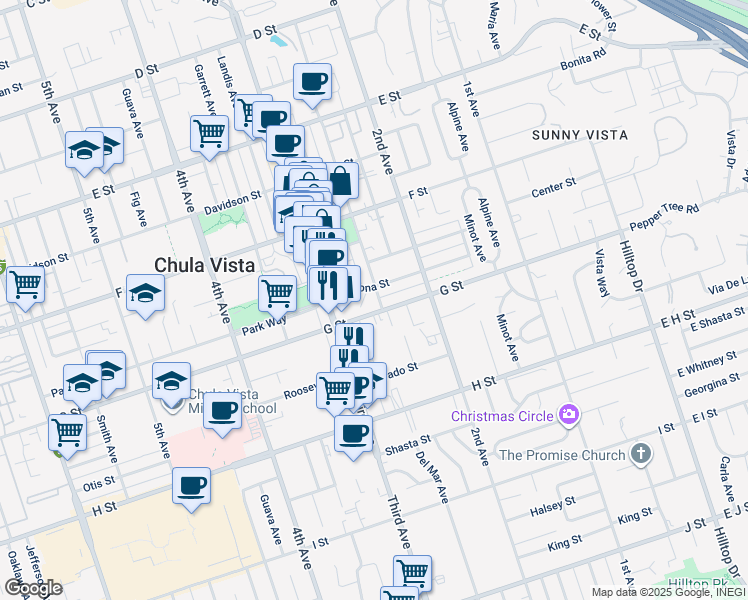 map of restaurants, bars, coffee shops, grocery stores, and more near 390 Del Mar Avenue in Chula Vista