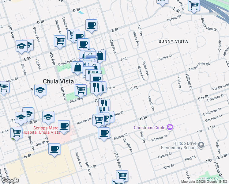 map of restaurants, bars, coffee shops, grocery stores, and more near 250 G Street in Chula Vista